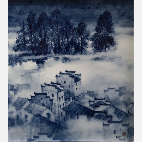 高温青花瓷板画《婺源系列》，45x40cm,作于2019年