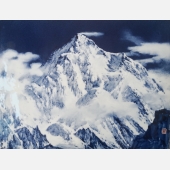 高温青花瓷板画《玉龙雪山》，45x40cm,作于2019年