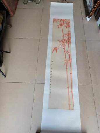 吴养木（近代浙江名人）红竹绢本条幅，尺寸122-24.5cm