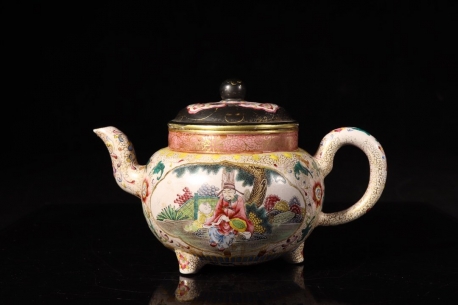 旧藏，紫砂珐琅彩高仕图茶壶