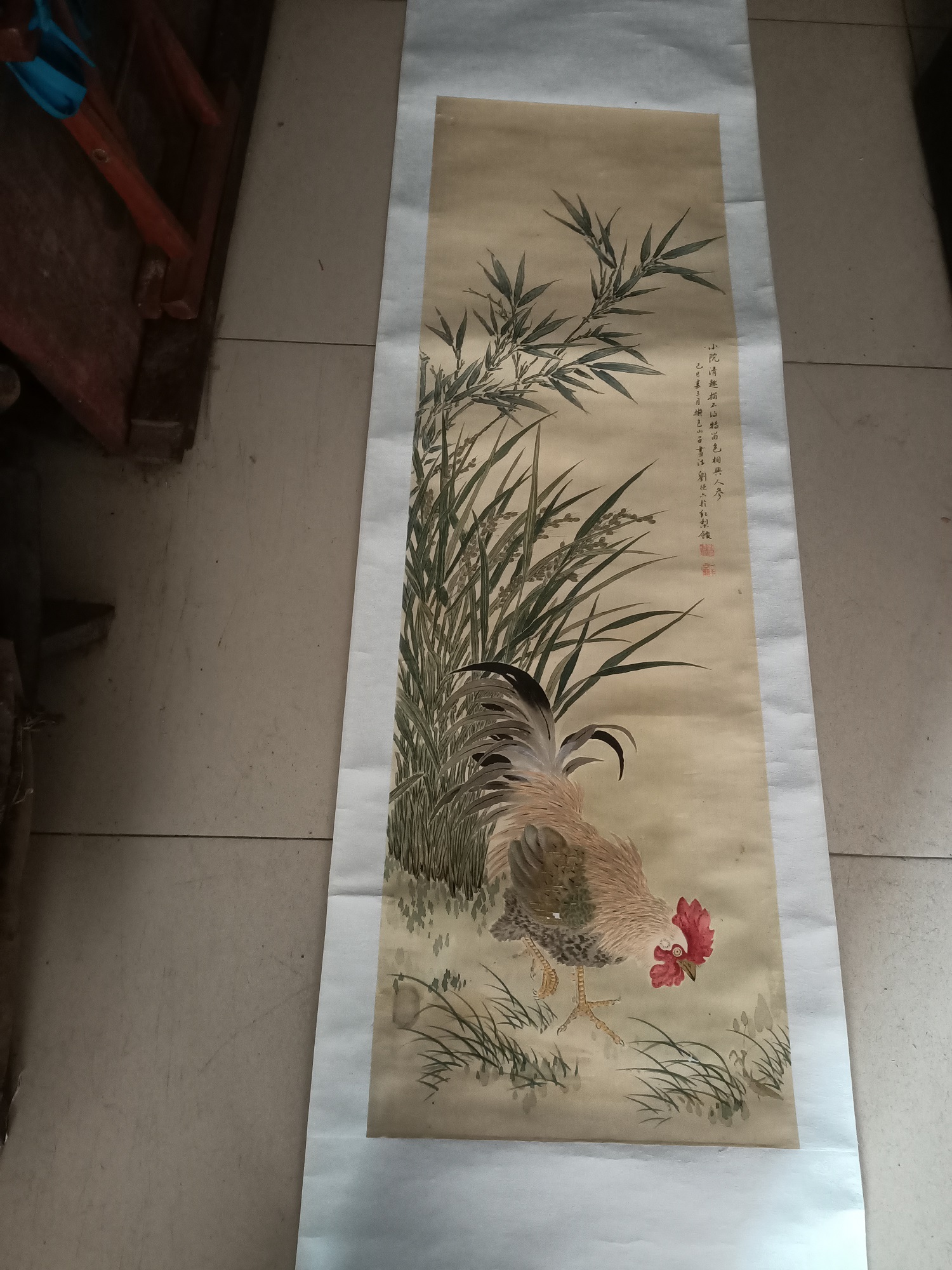 清代江苏吴江名人，刘德六， 竹鸡图绢本条幅， 尺寸126-38cm