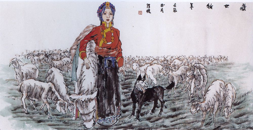 陈恺 人物画《藏女牧羊》68x136cm 
