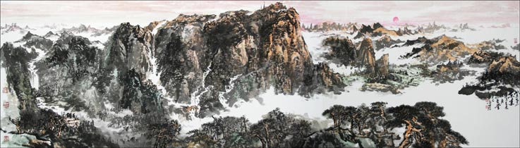 孟鸣 山水画《泰山紫气东来》600x180cm