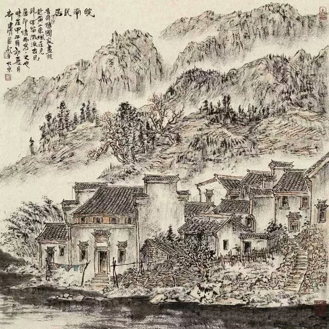 计建清 山水画《皖南民居》68x68cm