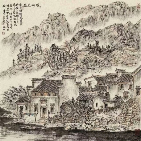 计建清 山水画《皖南民居》68x68cm