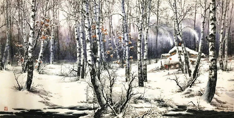 纪果 冰雪山水画 68x136cm