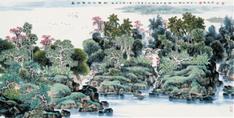 张华忠 山水画《春江黎山木棉红》68x136cm