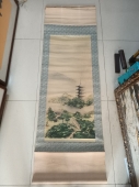 近代广东名家 林风眠 风景宝塔油画绢布条幅，尺寸91-39cm 