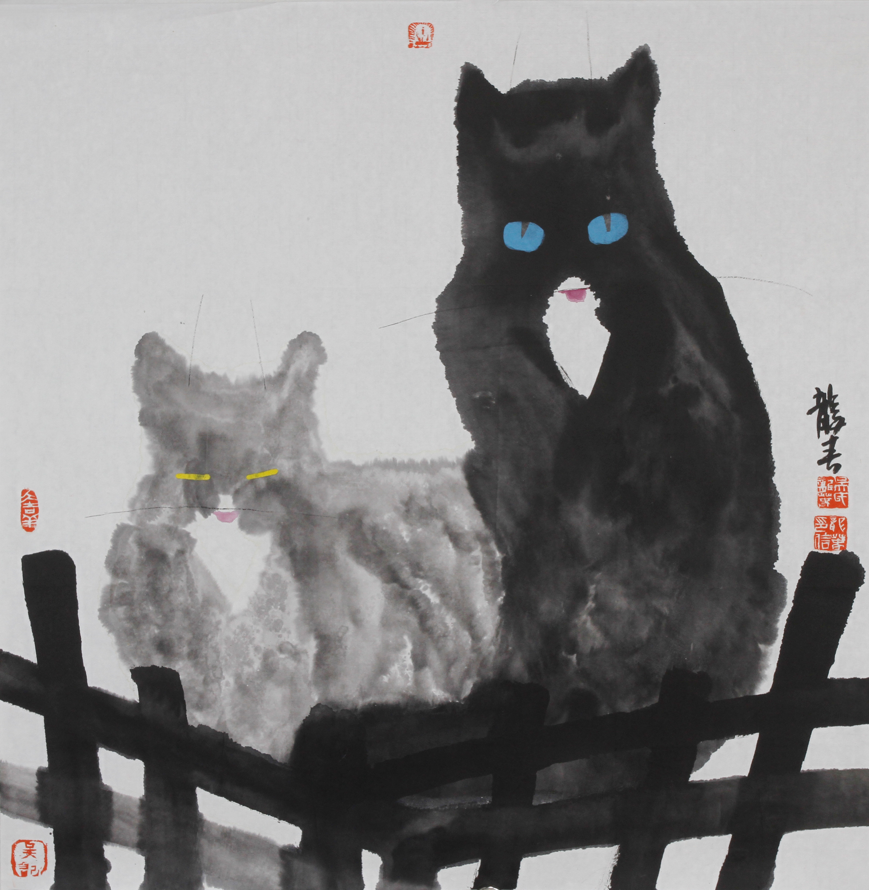 吴龙春国画双猫图