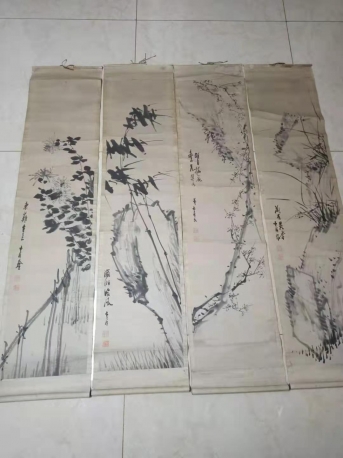 周峻 清代江苏名人 著名画家 梅兰竹菊四君子四条屏，尺寸132-31cm-4 