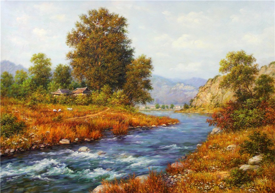 朝鲜一级画家李赫秋天的小溪